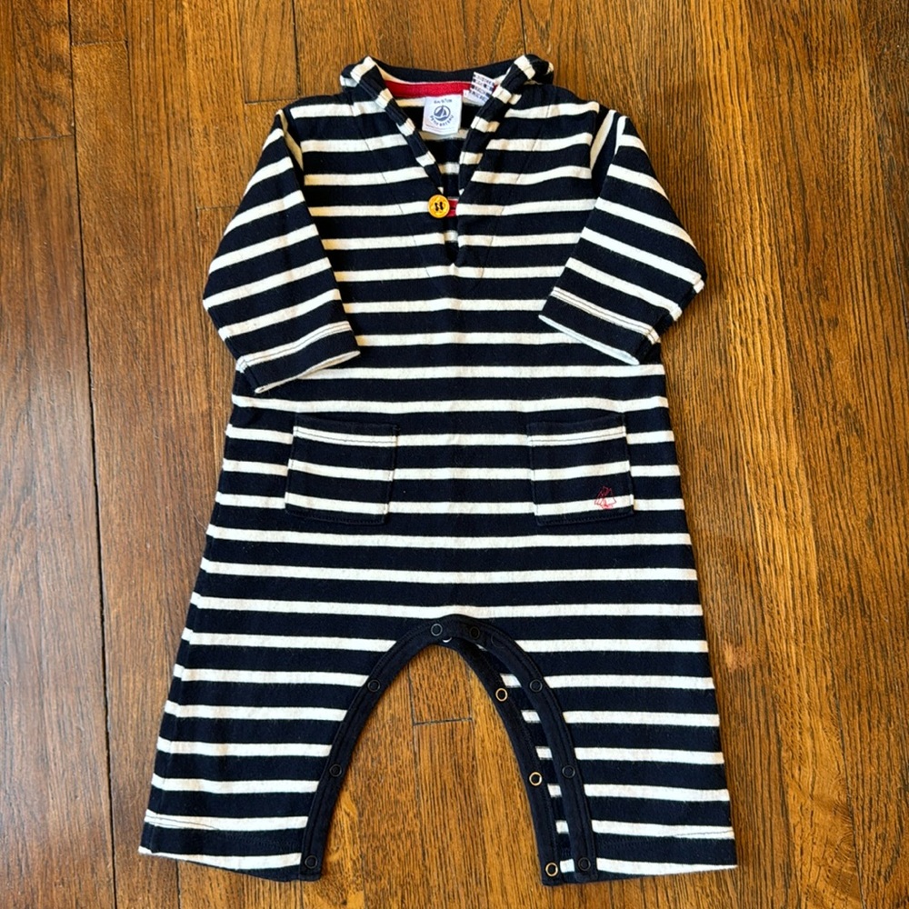 Petite Bateau Sailer navy striped jumpsuit onsie, 6 mo